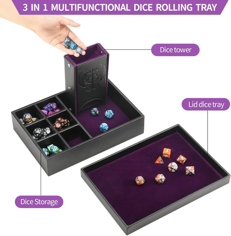 Grajar DND Dice Tray and Dice Tower with Storage, 3 in 1 Dice Rolling Tray with Lid, Portable Dice Box Storage, DND dice Holder for Dungeons and Dragons D&D RPG MTG Table Games - Purple - Image 3